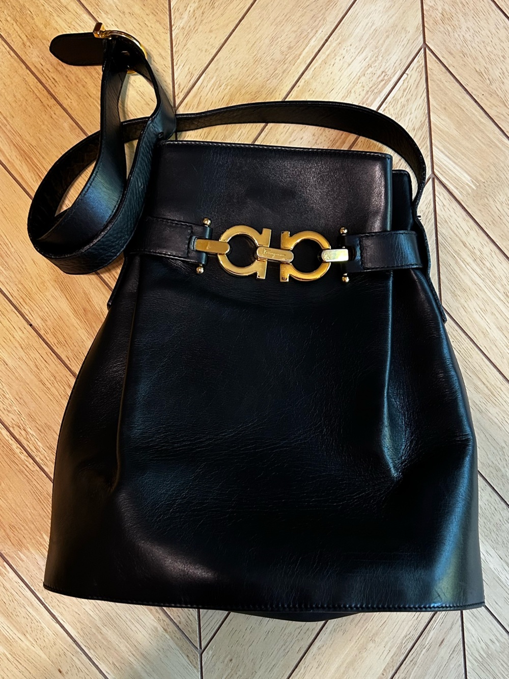 Salvatore Ferragamo Black Leather Shoulder Bucket Bag with Gold Gancini